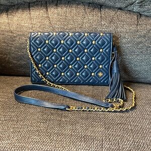 Tory Burch Fleming Quilted Navy Crossbody Bag with Gold Studs and Tassel